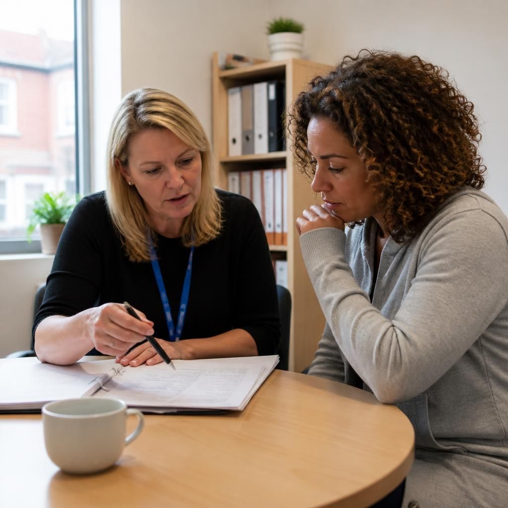 Foster carer and social worker discussing a child's placement information