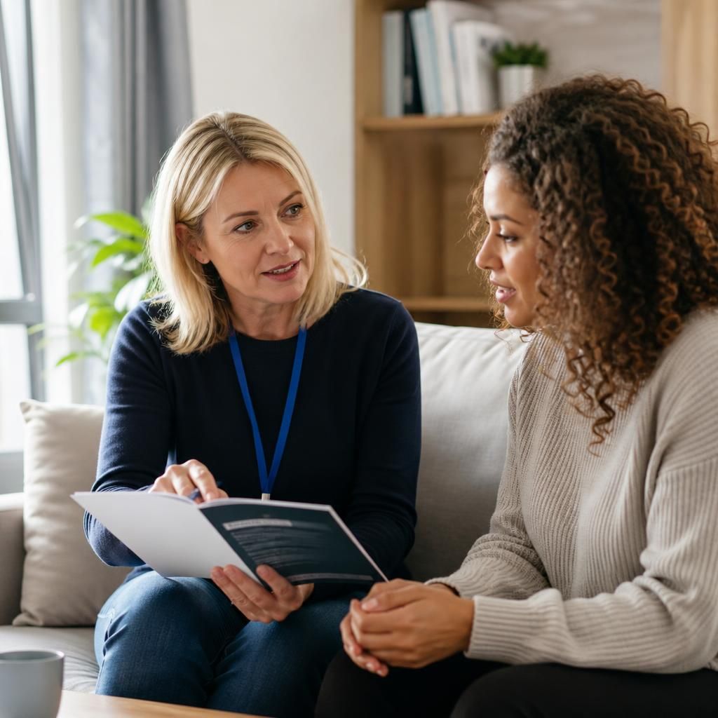 Foster carer discussing training materials with a social care professional