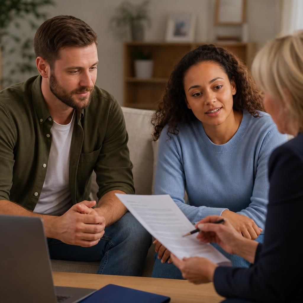 Prospective foster carer discussing application paperwork with a social worker