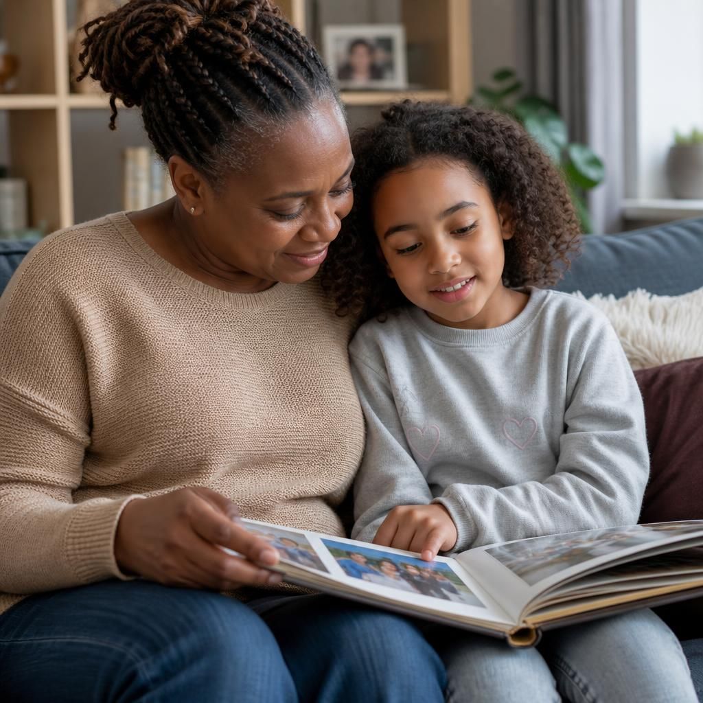 Foster carer and child looking through a family photo album together