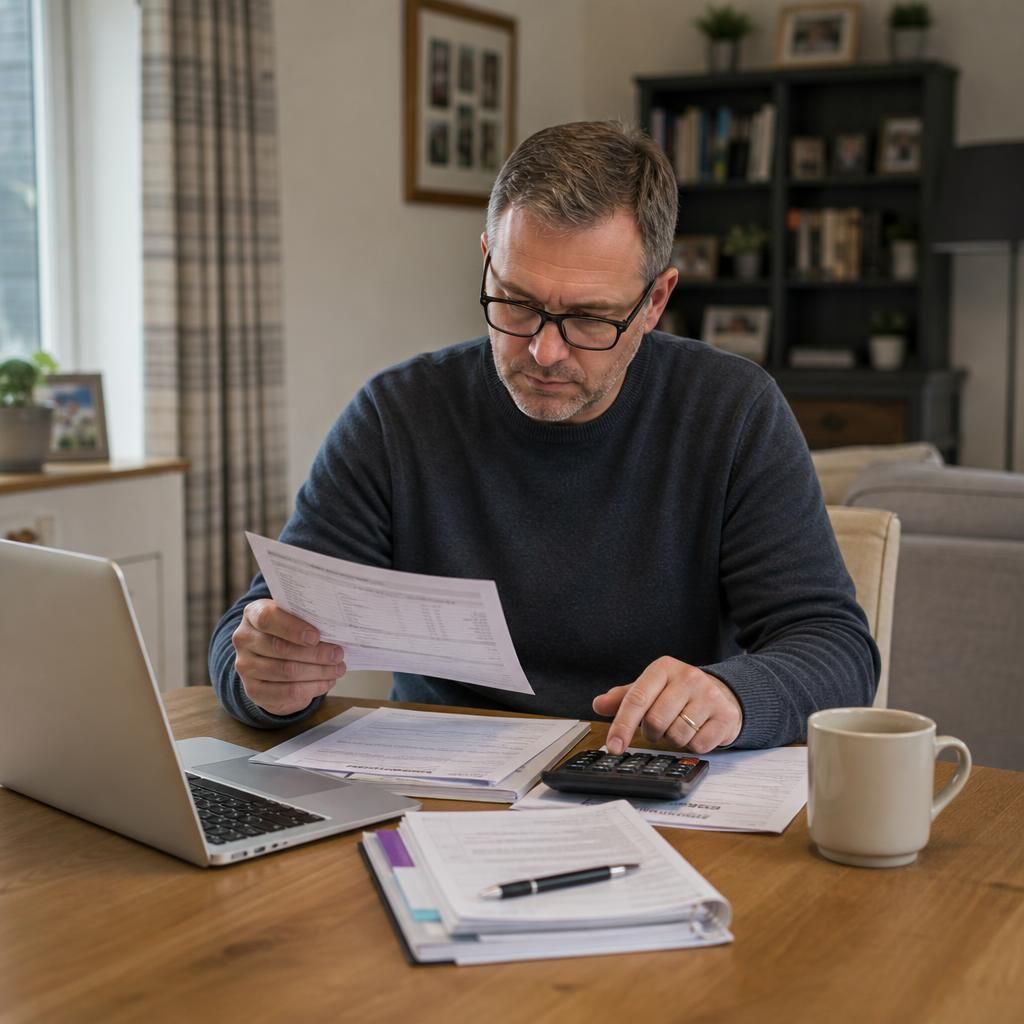 Foster carer reviewing payment terms and household records at home