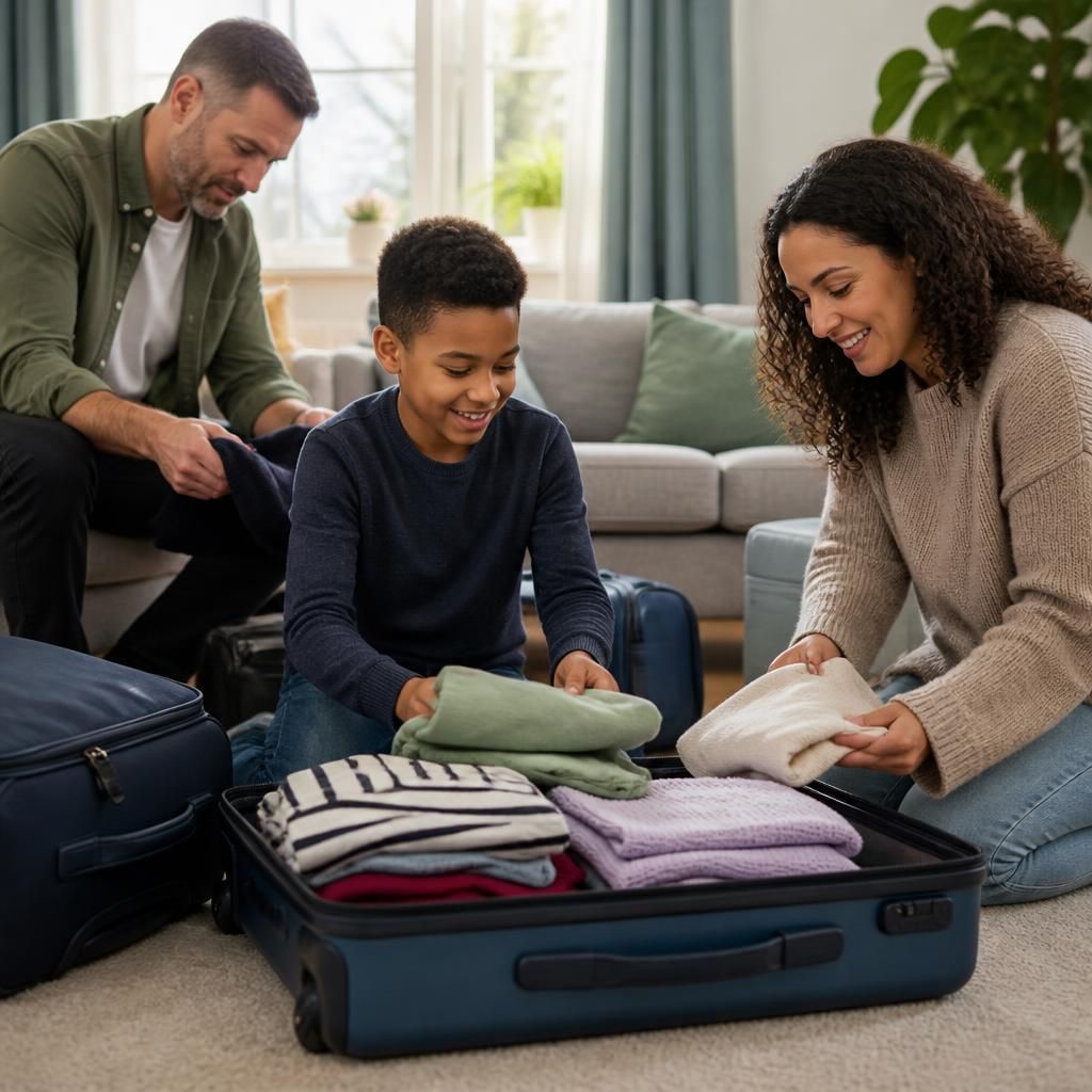 Foster family packing luggage for a holiday with a child