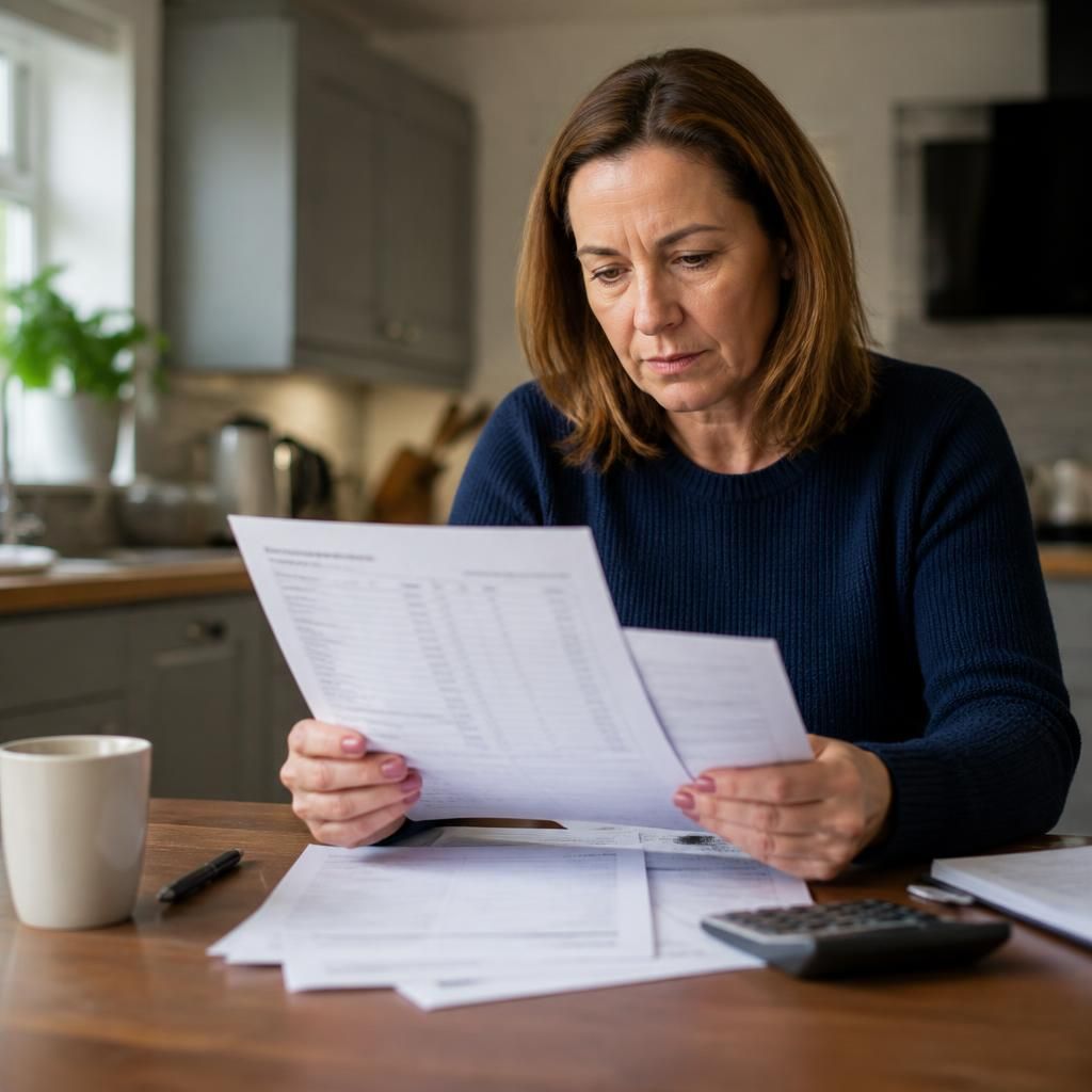 A carer reviewing a written payment agreement and final account with documents on a table