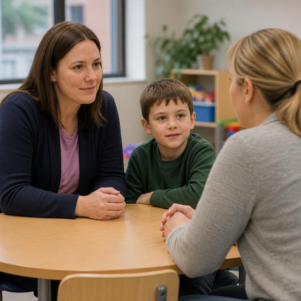 Foster carer and child talking with a birth family member during a supervised visit