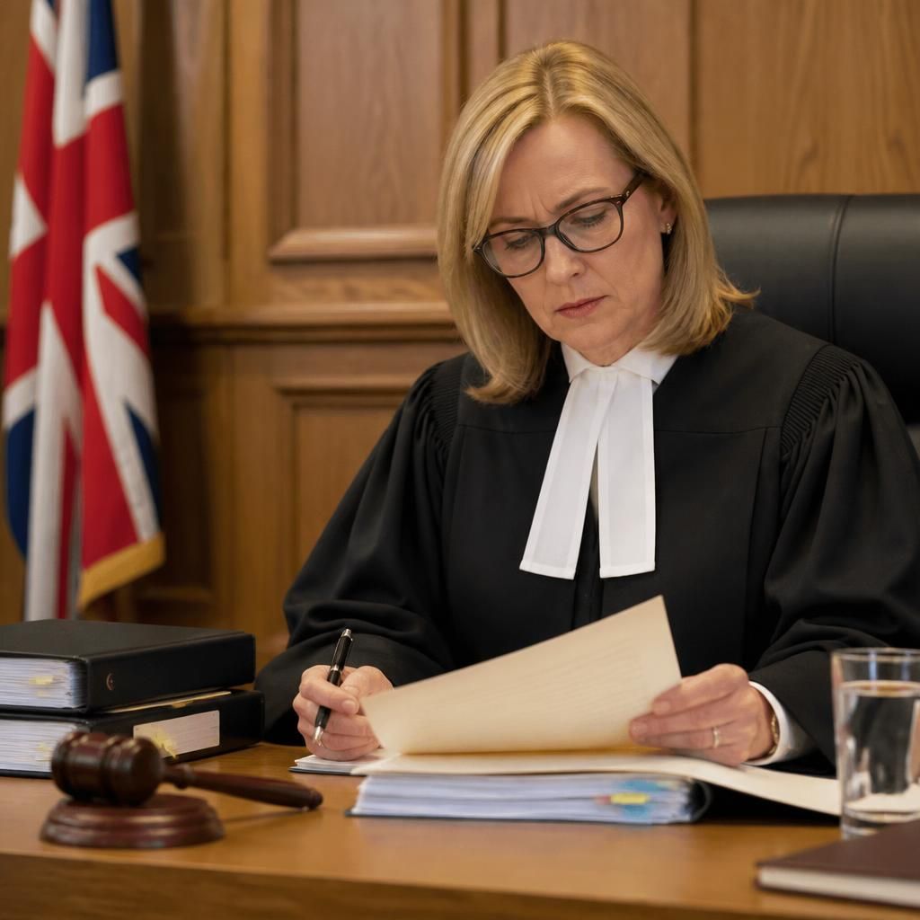 Judge reviewing adoption documents in a family court