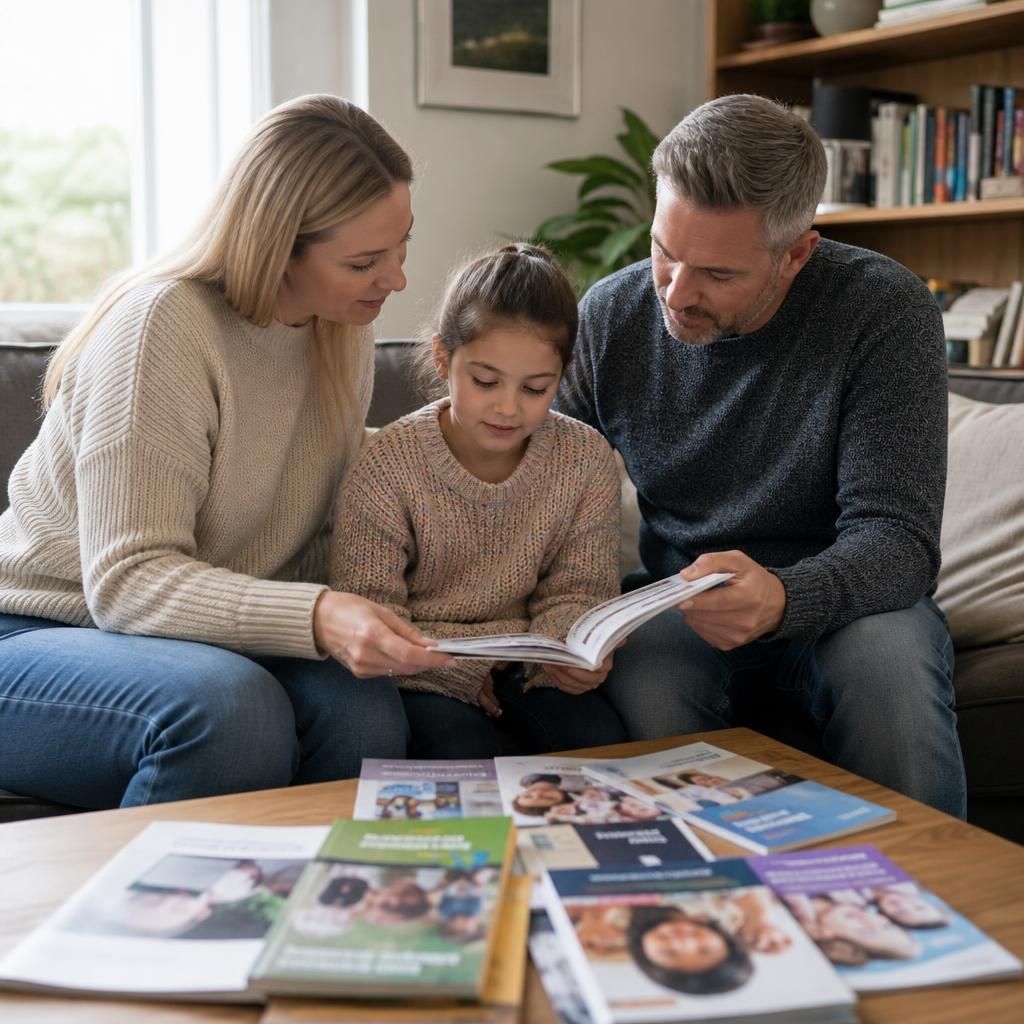 A family looking at books and resources about children in care