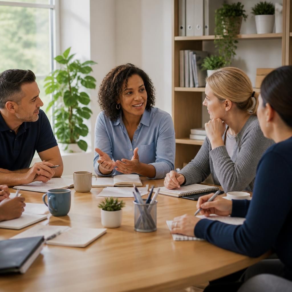 Foster carers taking part in a group training discussion around a table