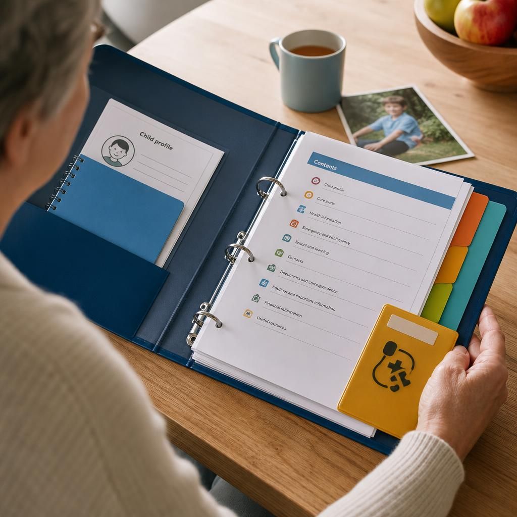 Open folder containing care plans, contact details, checklists and child-friendly information