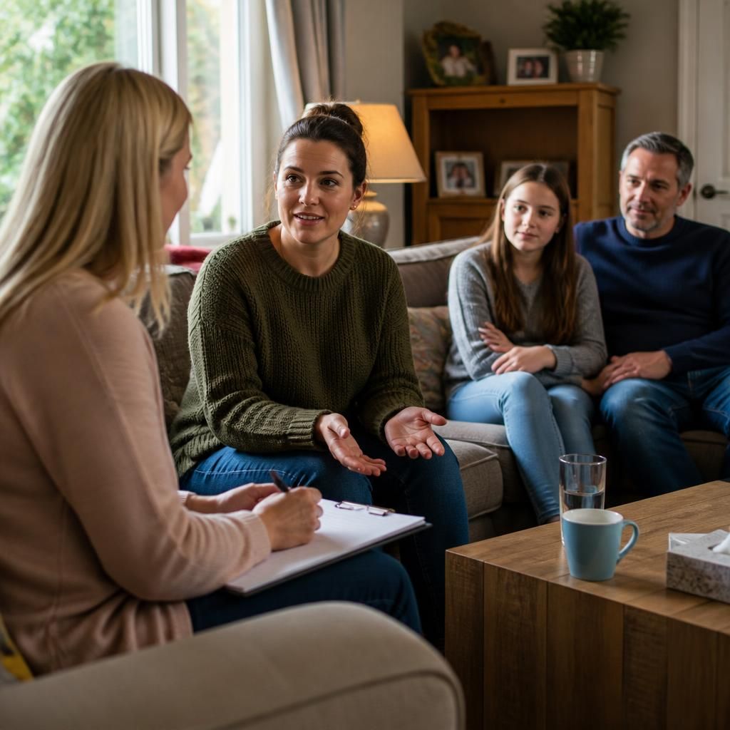 Foster carer speaking with a support worker at home while family members sit nearby