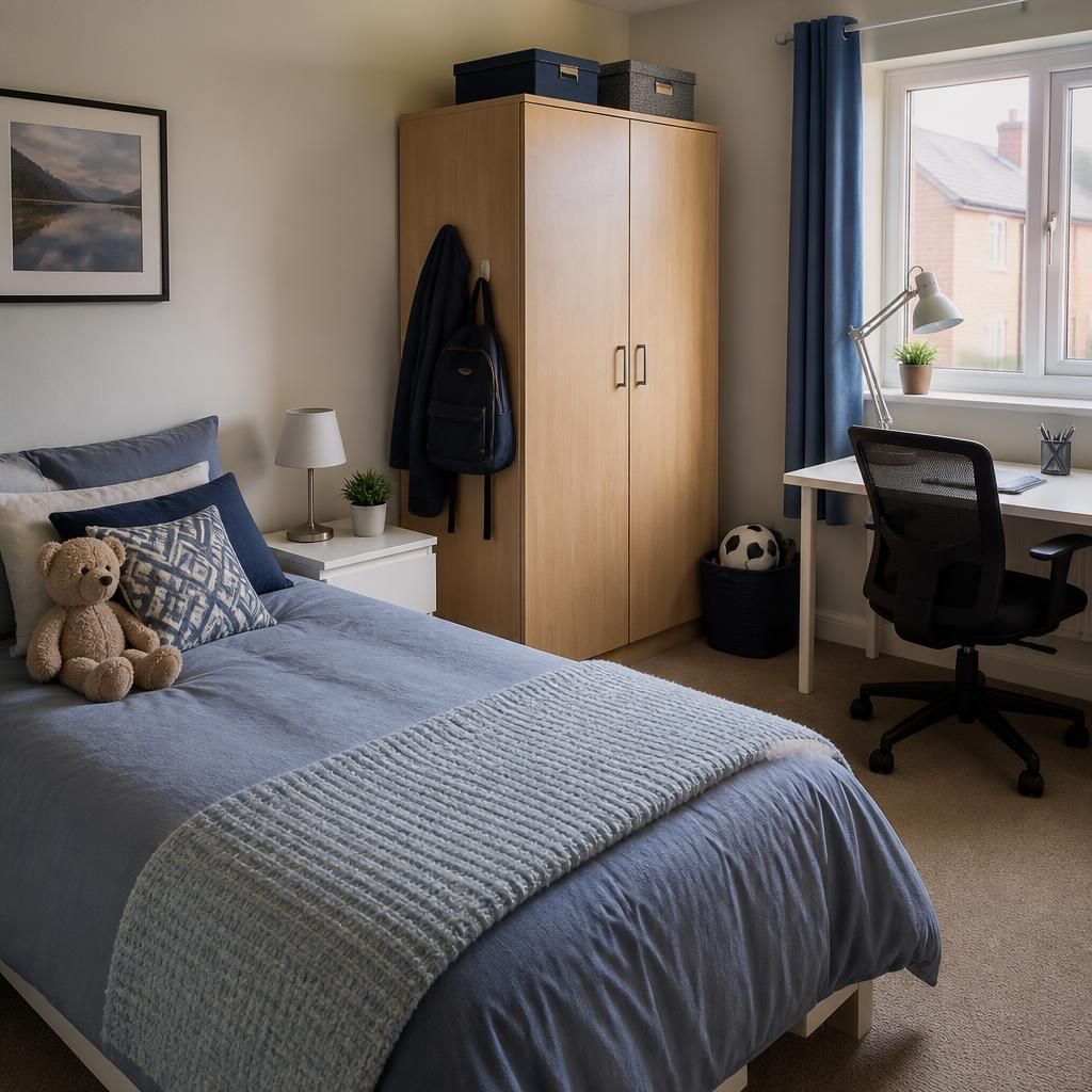 A child’s bedroom with a bed, wardrobe and desk in a rented home
