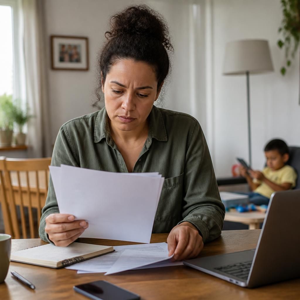 Single parent reviewing a tenancy agreement at home