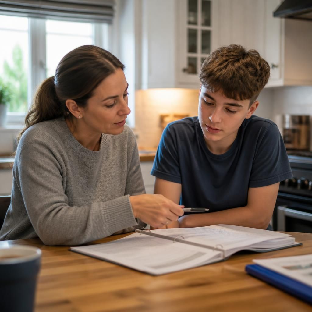 Foster carer and young person reviewing plans together at a kitchen table
