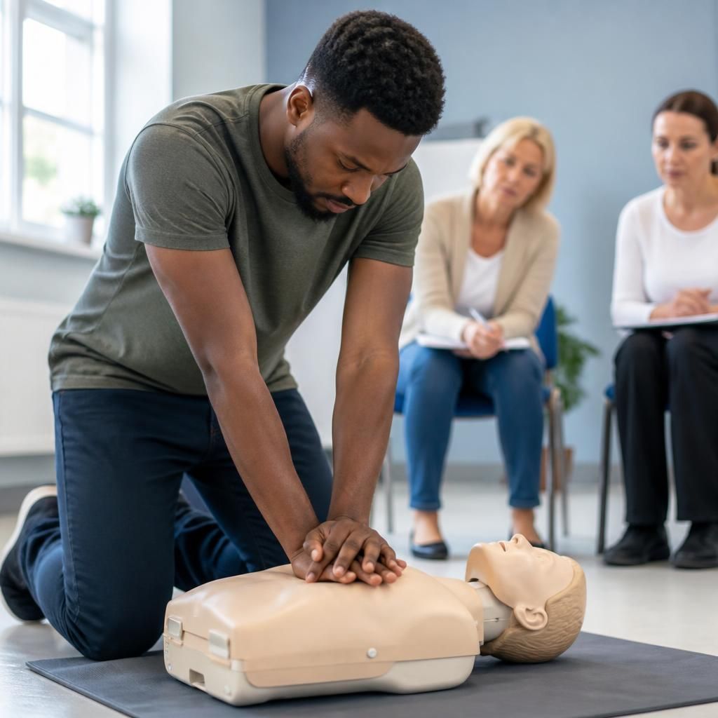 Adult practising CPR on a training mannequin during a first aid course