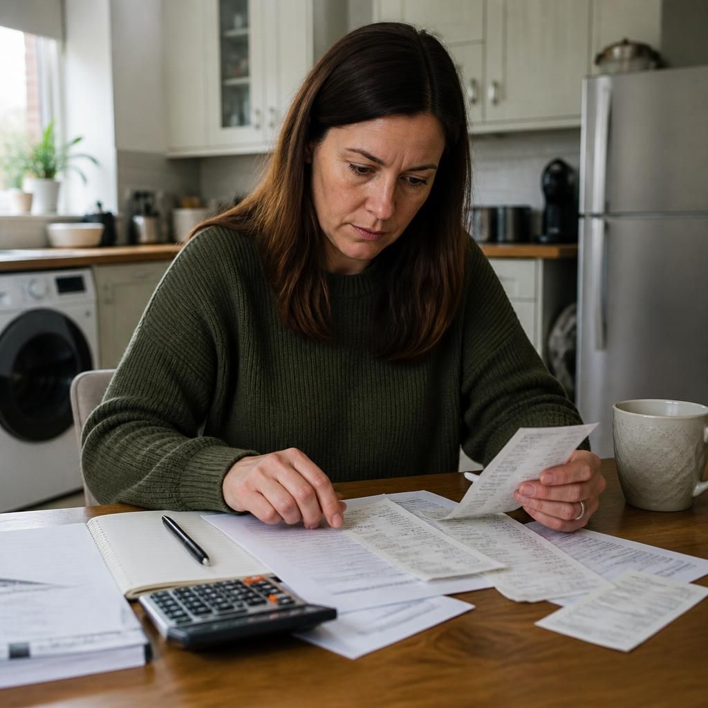 Kinship carer reviewing household bills and receipts at a kitchen table