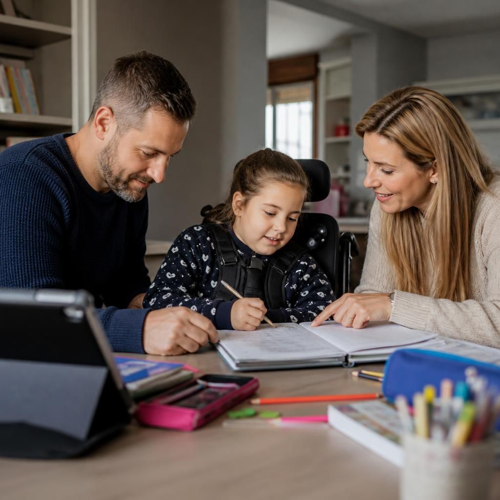 Family learning together at a table