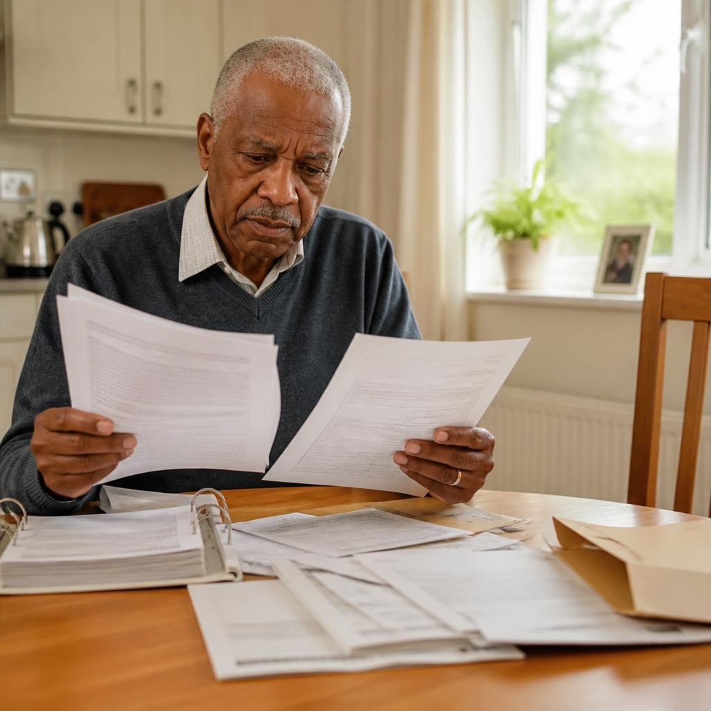 Grandparent reviewing placement records and local authority letters at a table