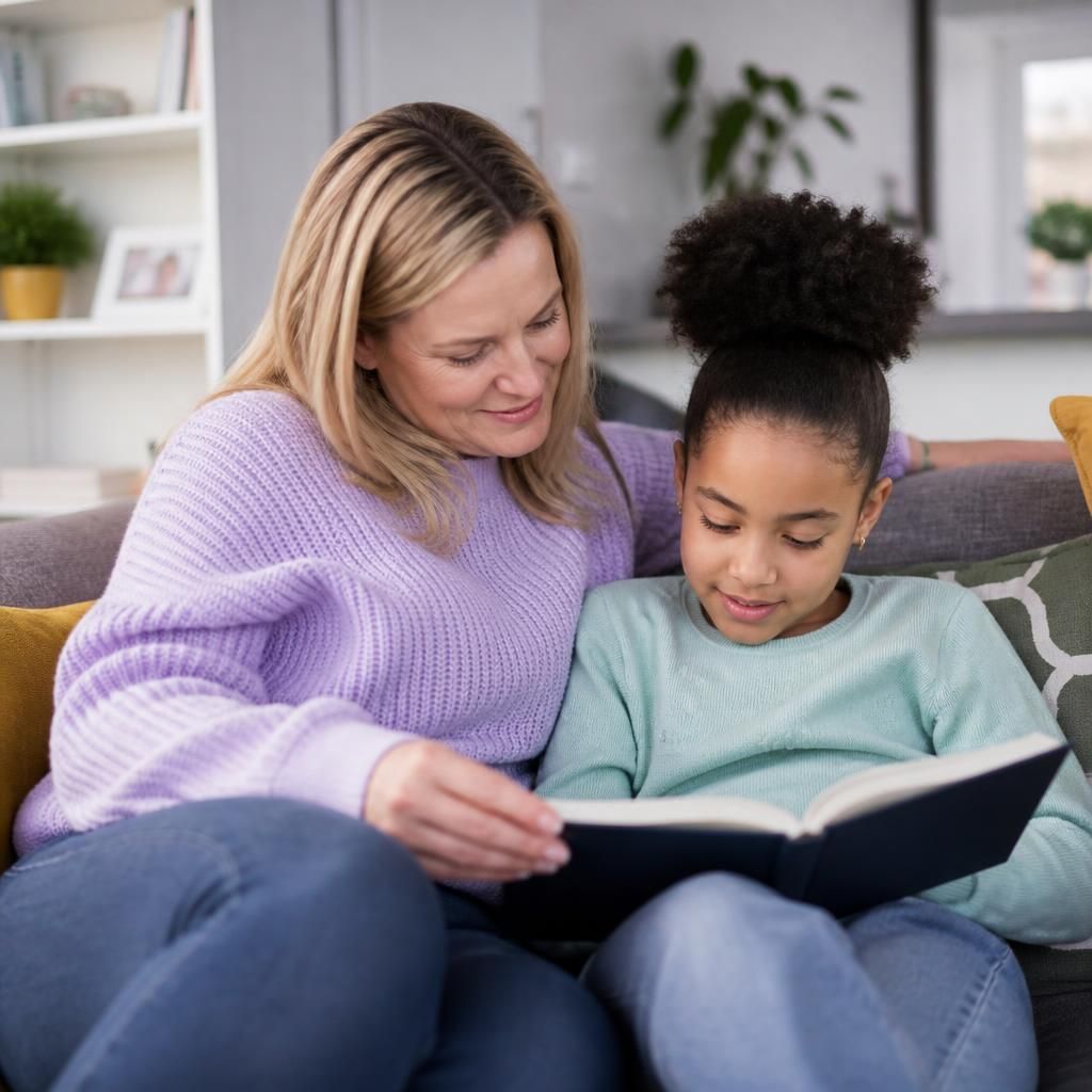 Foster carer and child reading together at home