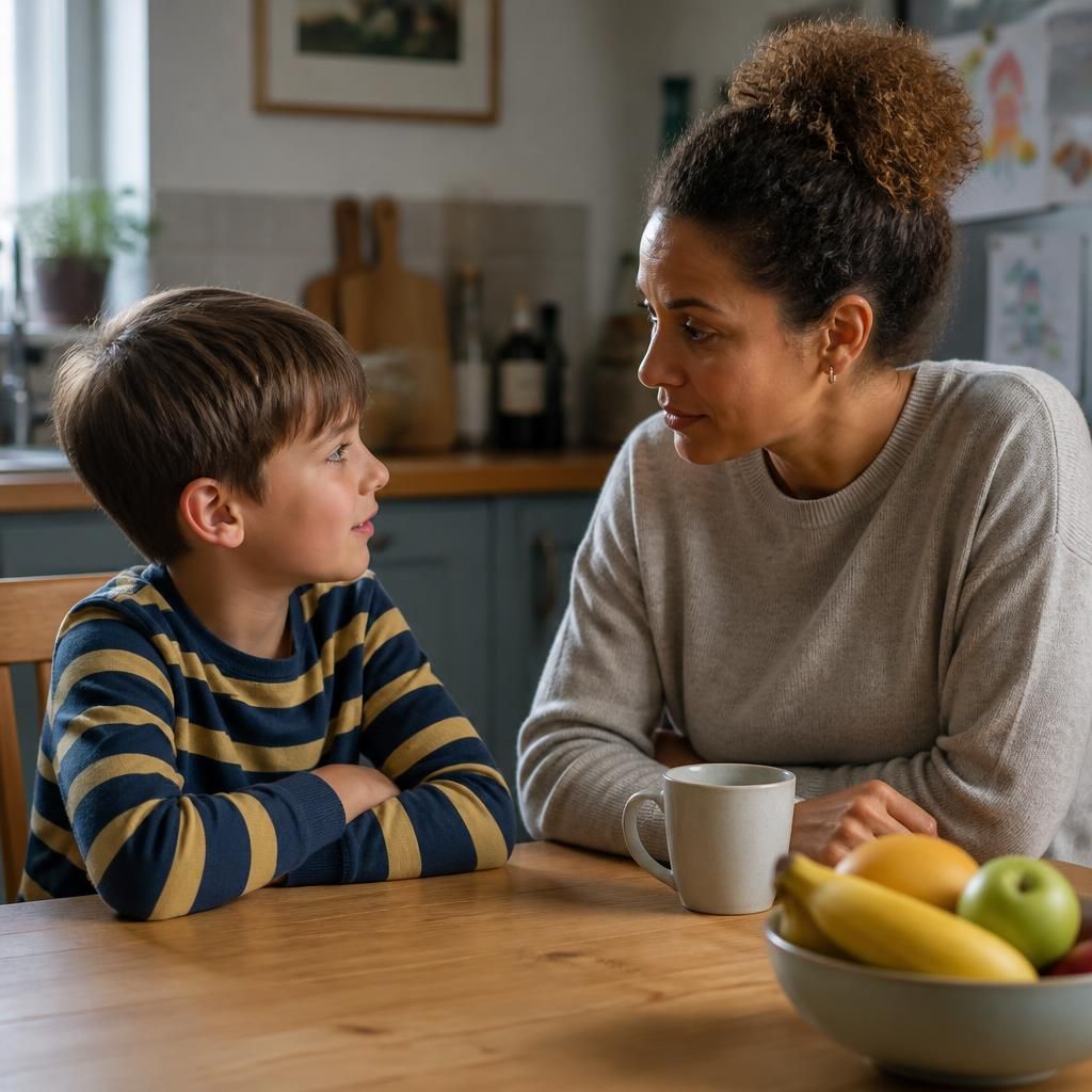 Child talking with a foster carer at a kitchen table