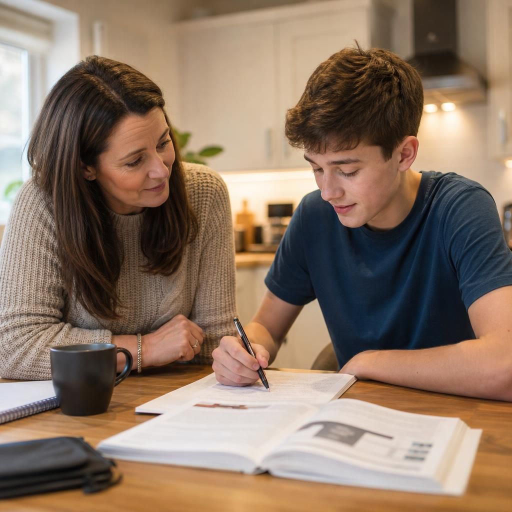 Foster carer supporting a young person with schoolwork