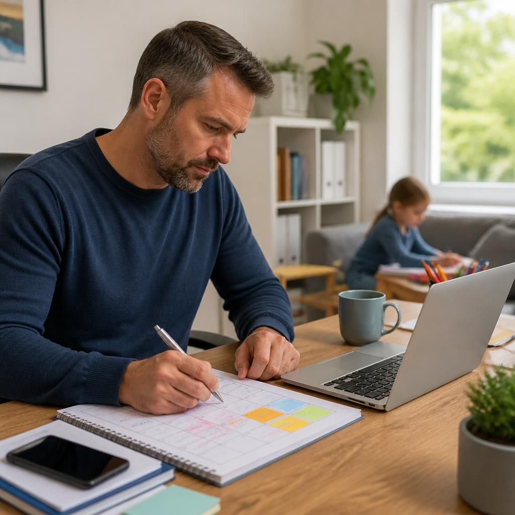 Foster carer reviewing a work and care schedule at a home desk