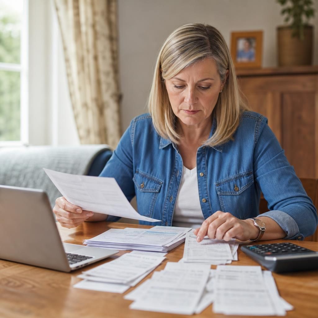 Foster carer reviewing payment statements and receipts at a desk