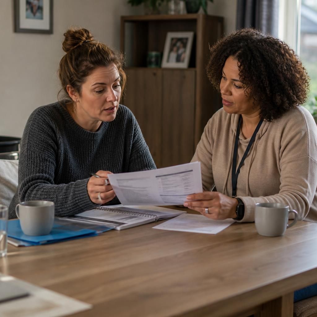 Foster carer reviewing fostering payment information with a support worker