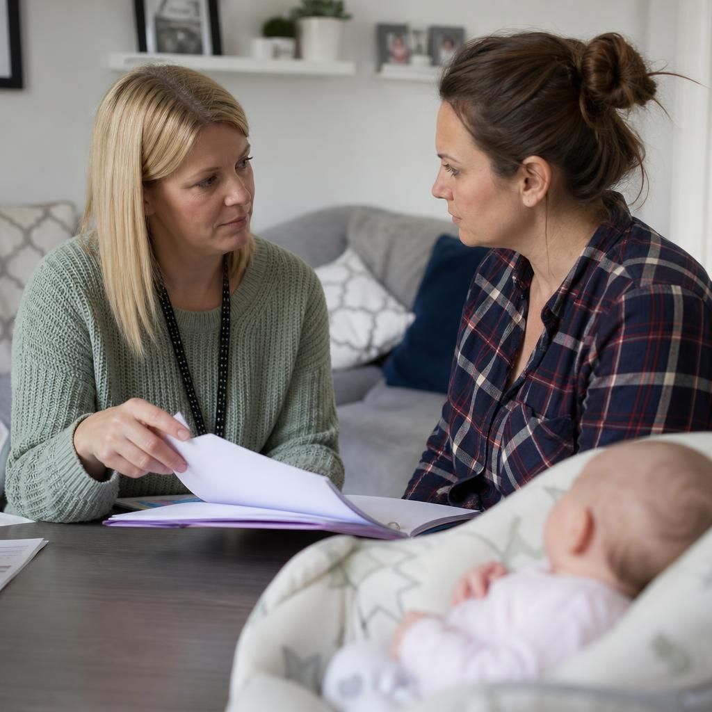 Two carers discussing a newborn’s care records during a handover
