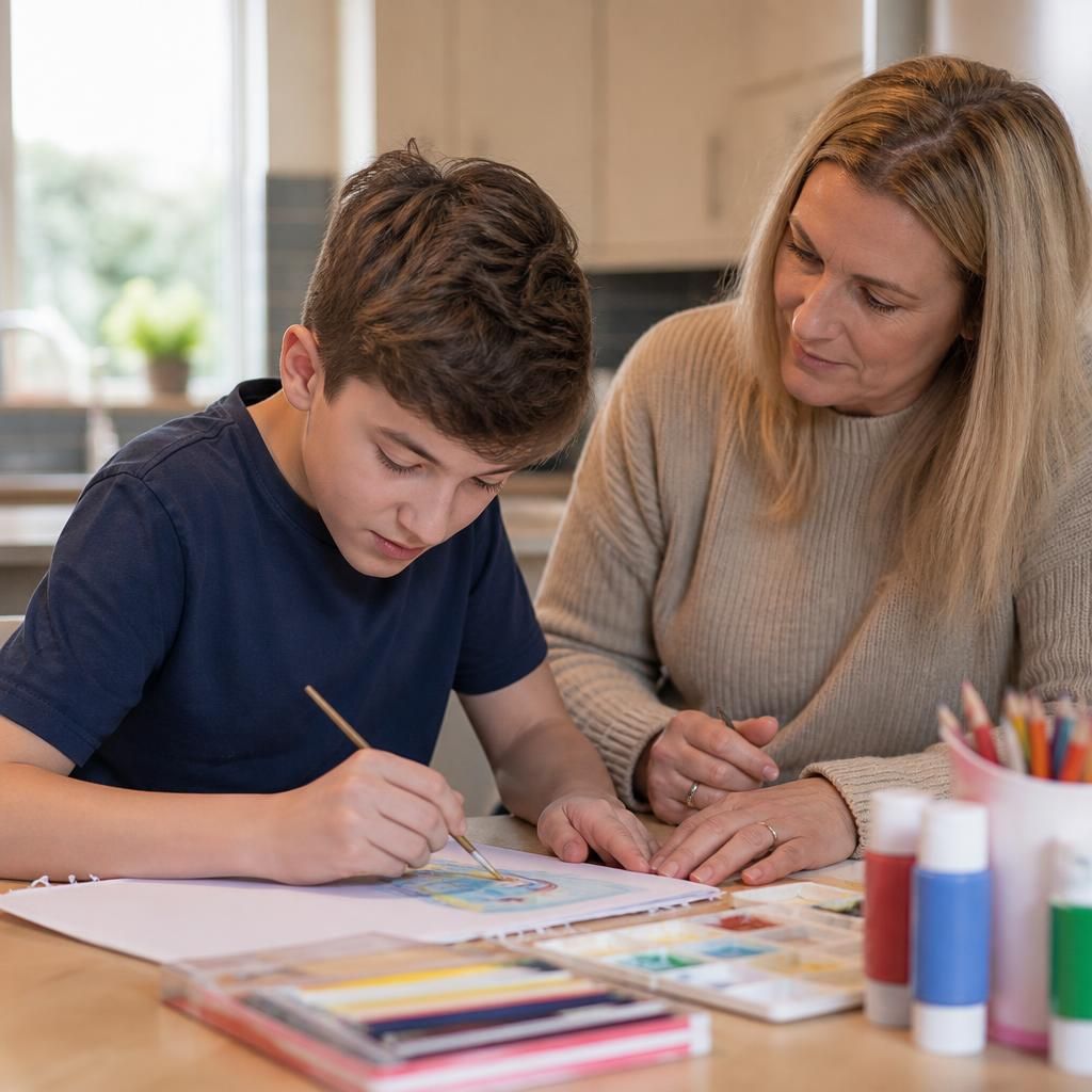 Foster carer supporting a young person with a creative activity