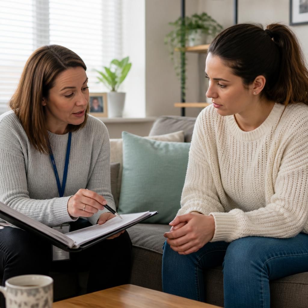 Foster carer and social worker discussing a child's placement plan