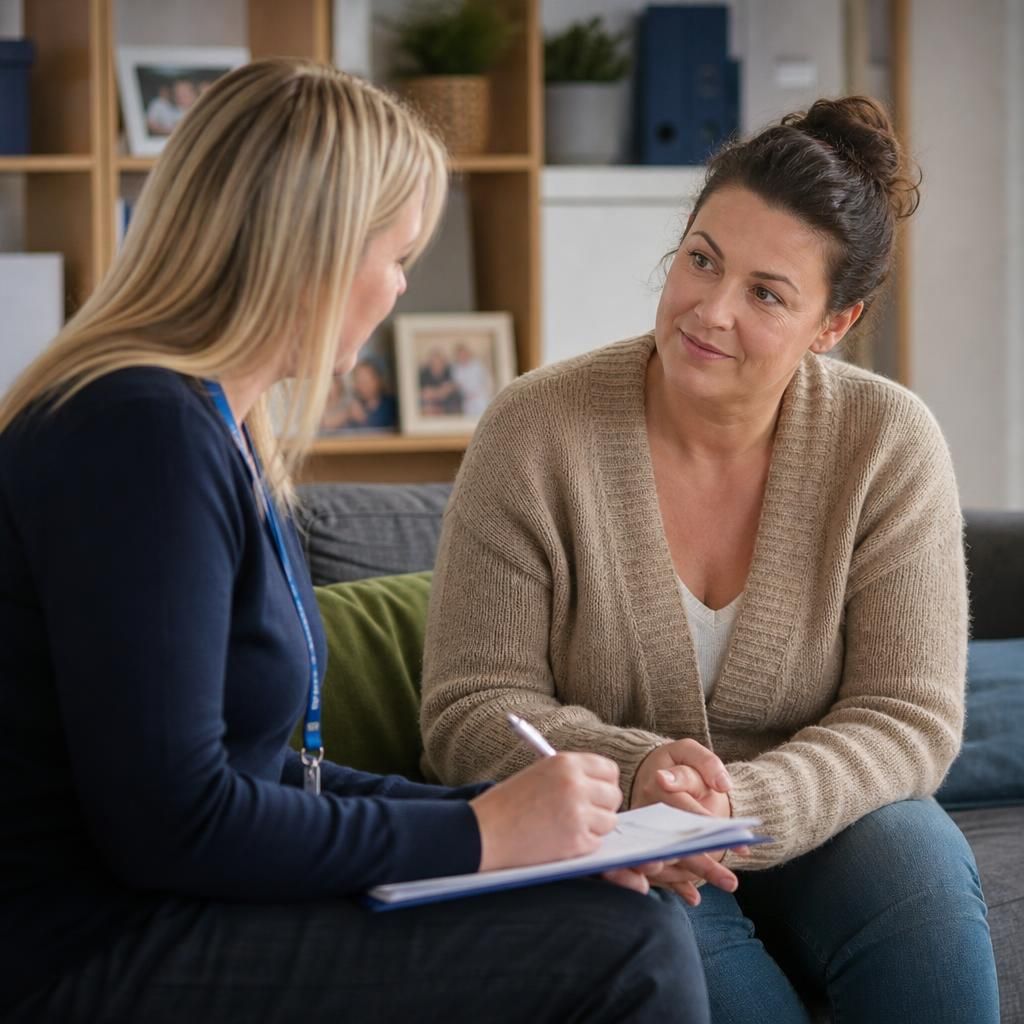 Foster carer and social worker discussing a child's placement review