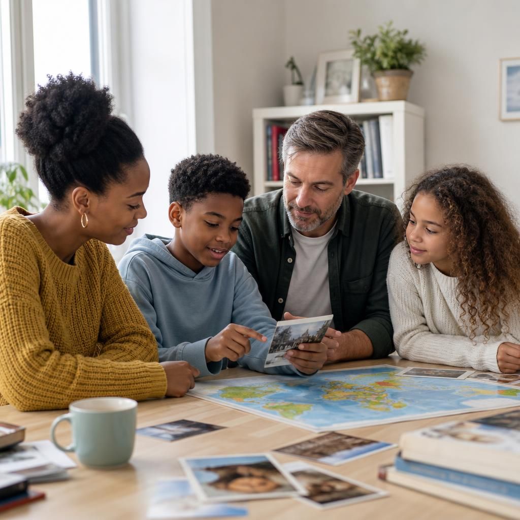 Family discussing different cultures and experiences together