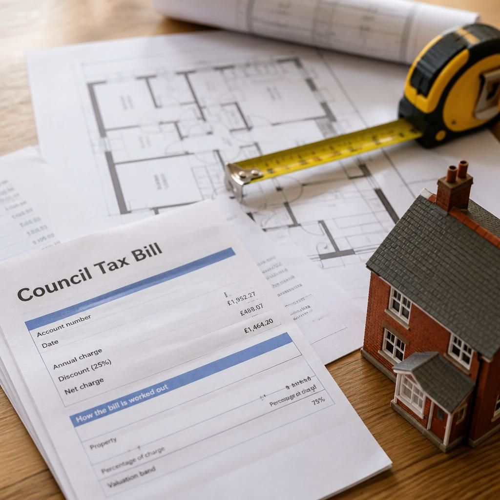 Council tax bill beside house plans and a measuring tape