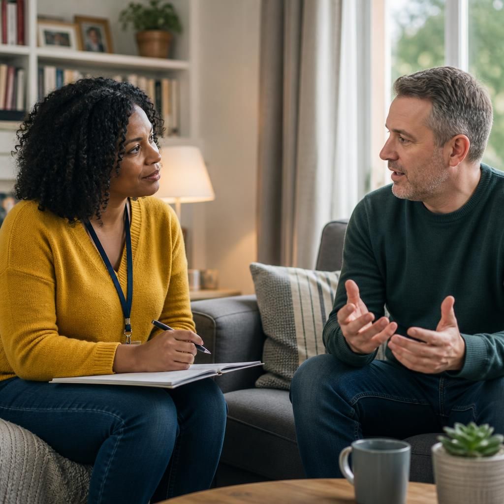 Foster carer speaking with a social worker at home