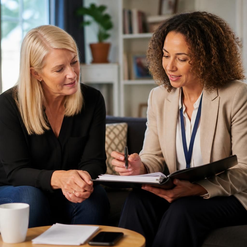Foster carer and social worker discussing notes at a review meeting