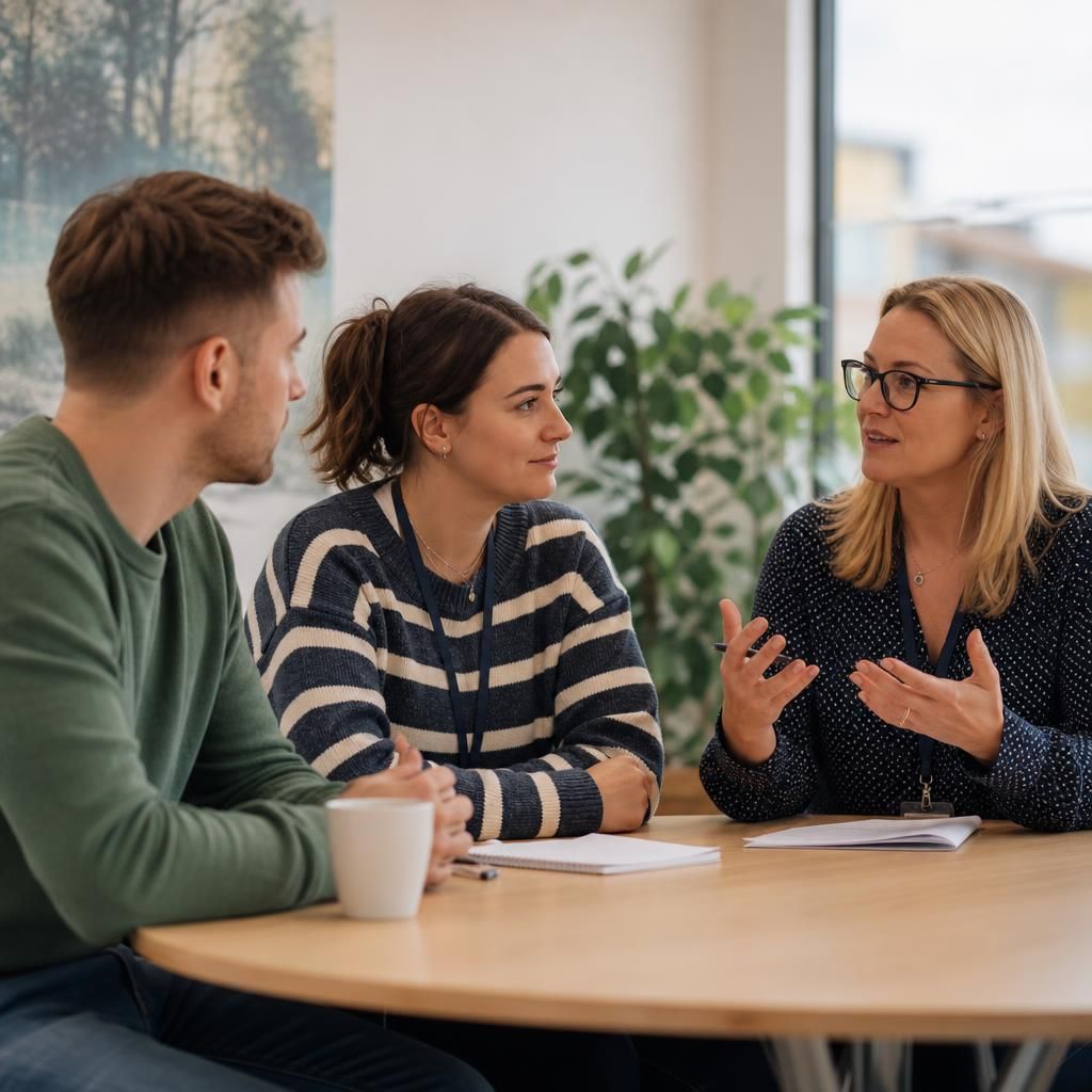 Foster carers taking part in a training discussion with a social worker