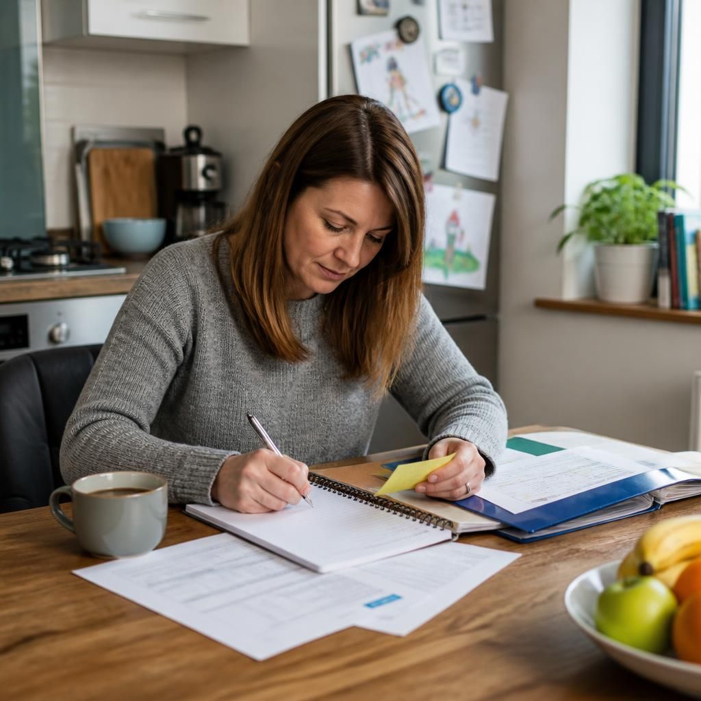 Foster carer organising household notes and placement information
