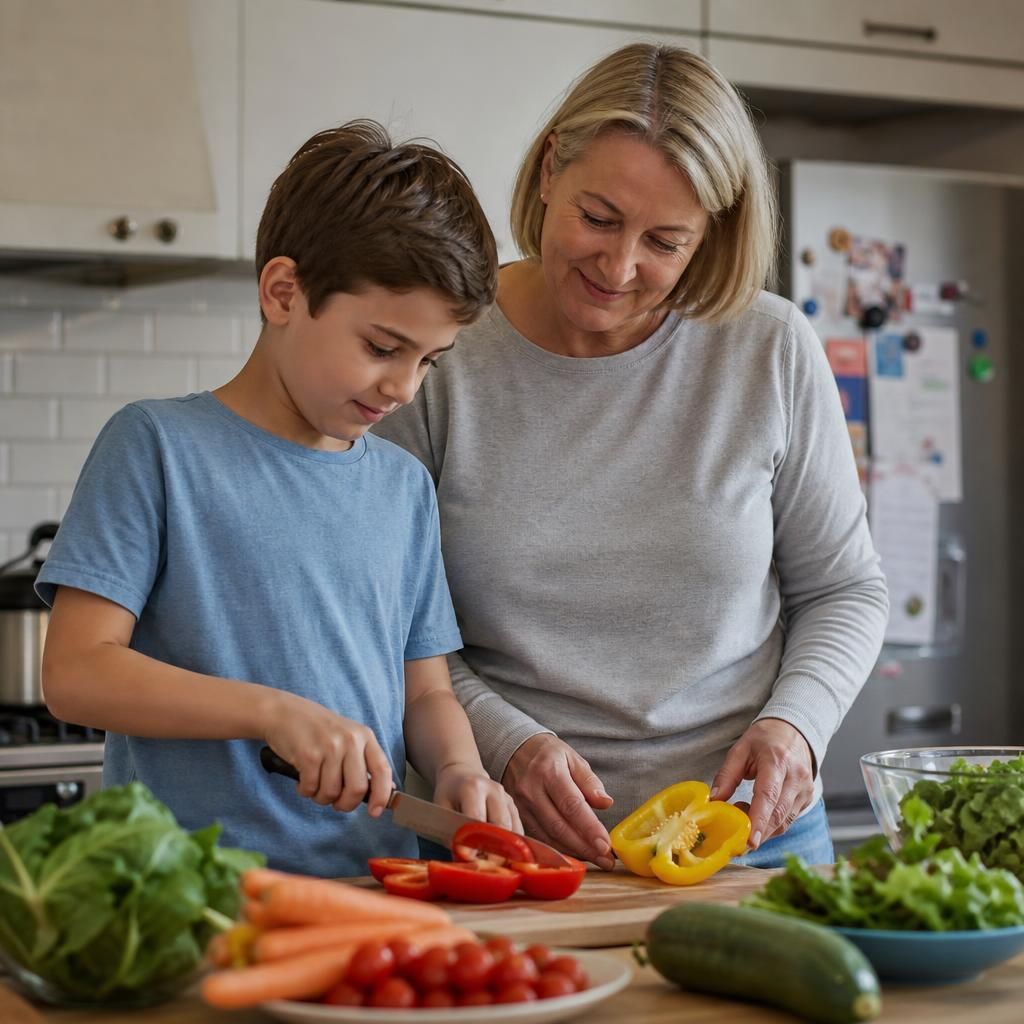Kinship carer and child preparing a family meal together