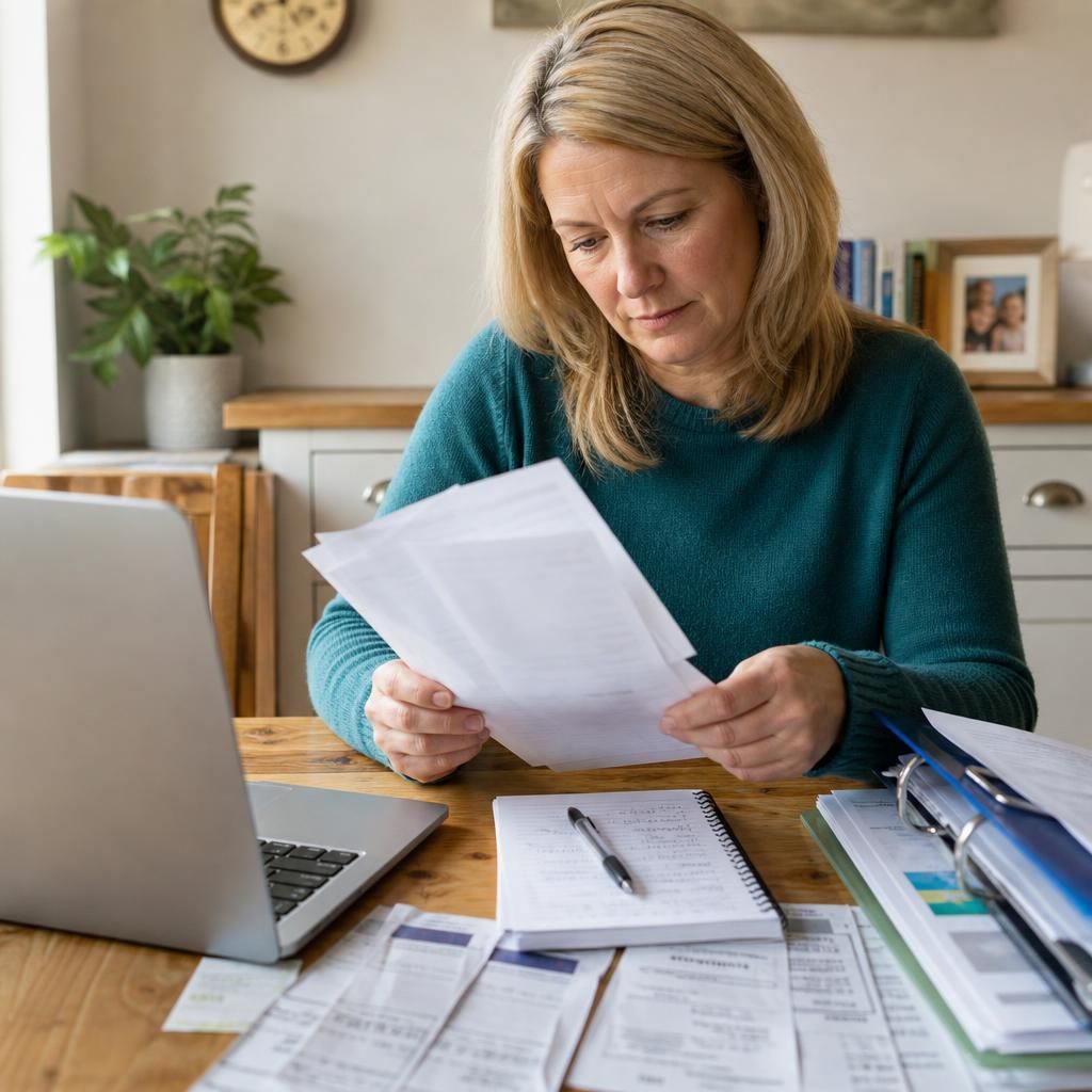 Foster carer organising financial records and pension paperwork