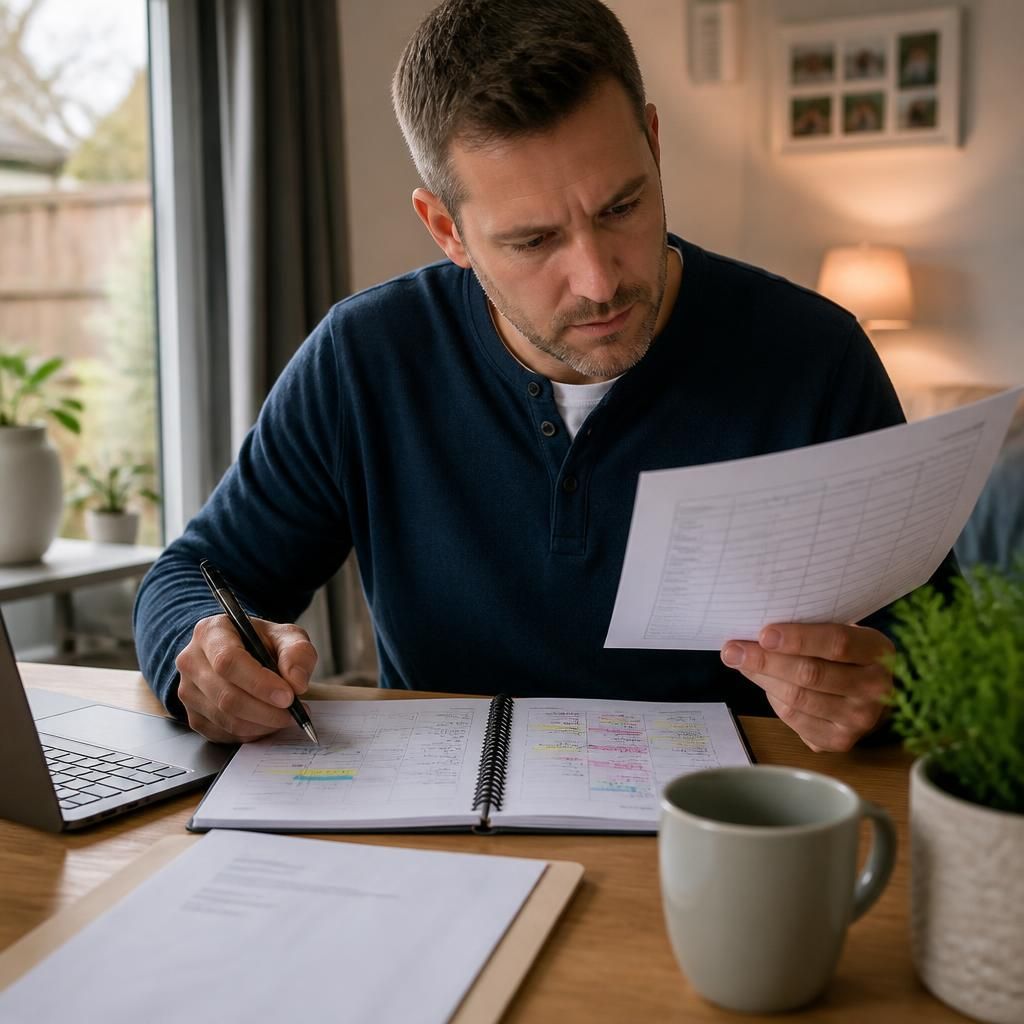 Foster carer reviewing a work schedule and respite care dates at a desk