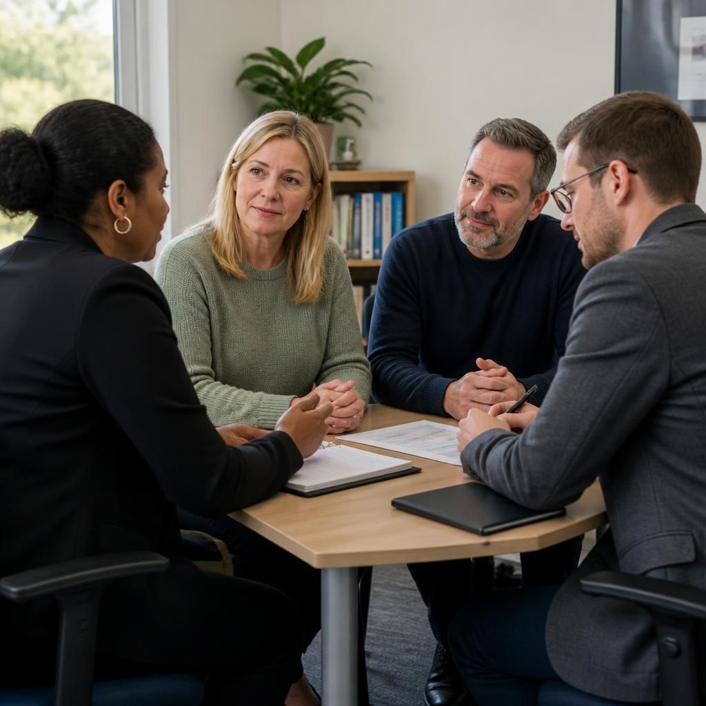 Foster carer discussing a child's progress with social care professionals around a table