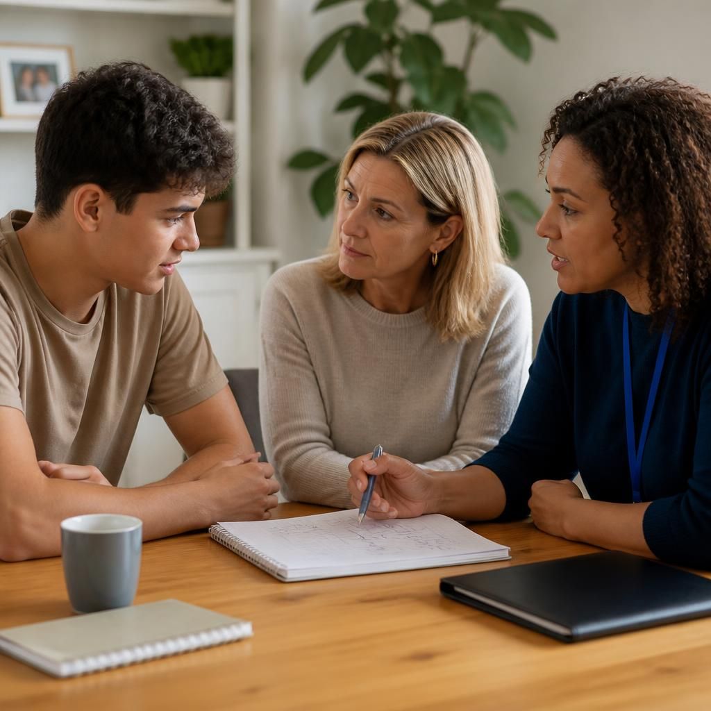 Young person discussing a pathway plan with a foster carer and adviser at a table