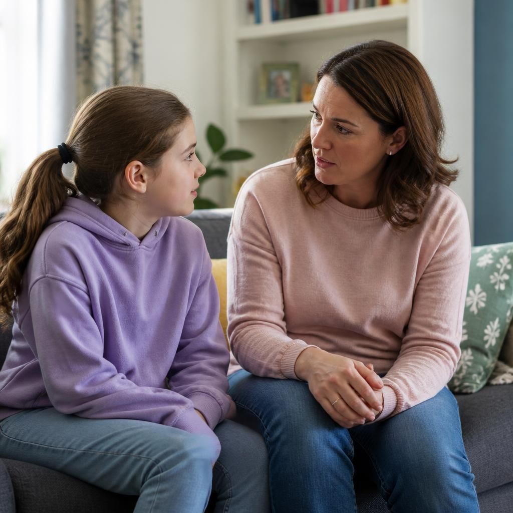 Foster carer speaking with a child in a family home