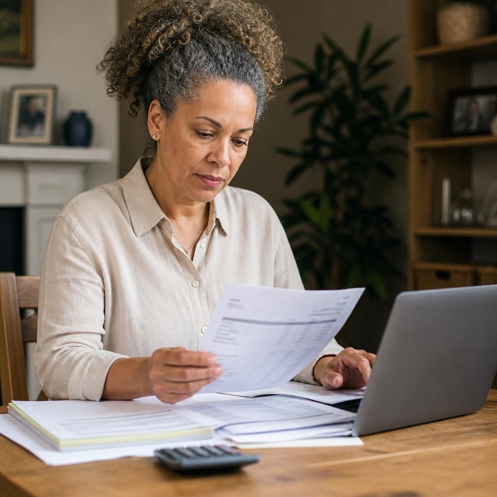 Foster carer reviewing tax records and fostering payment statements at a desk