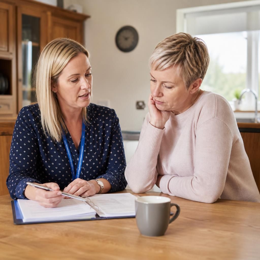 Foster carer discussing care plans with a social worker at a table