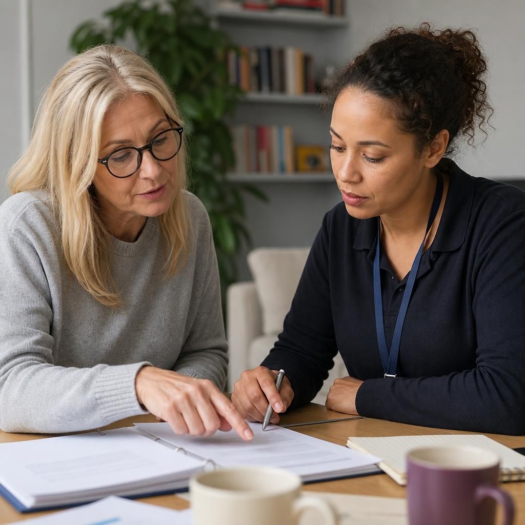 Foster carer reviewing safeguarding training materials with a social worker