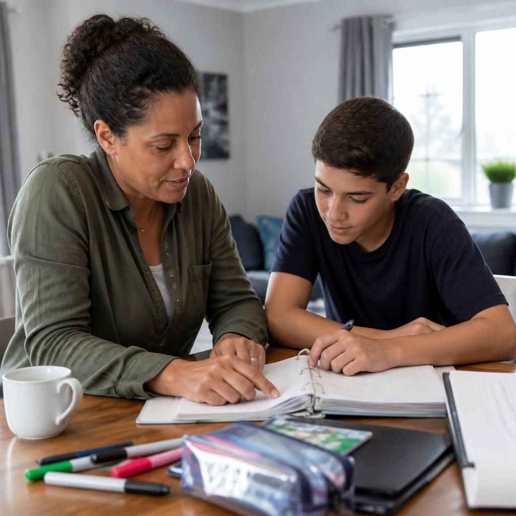Adult helping a young person organise school materials