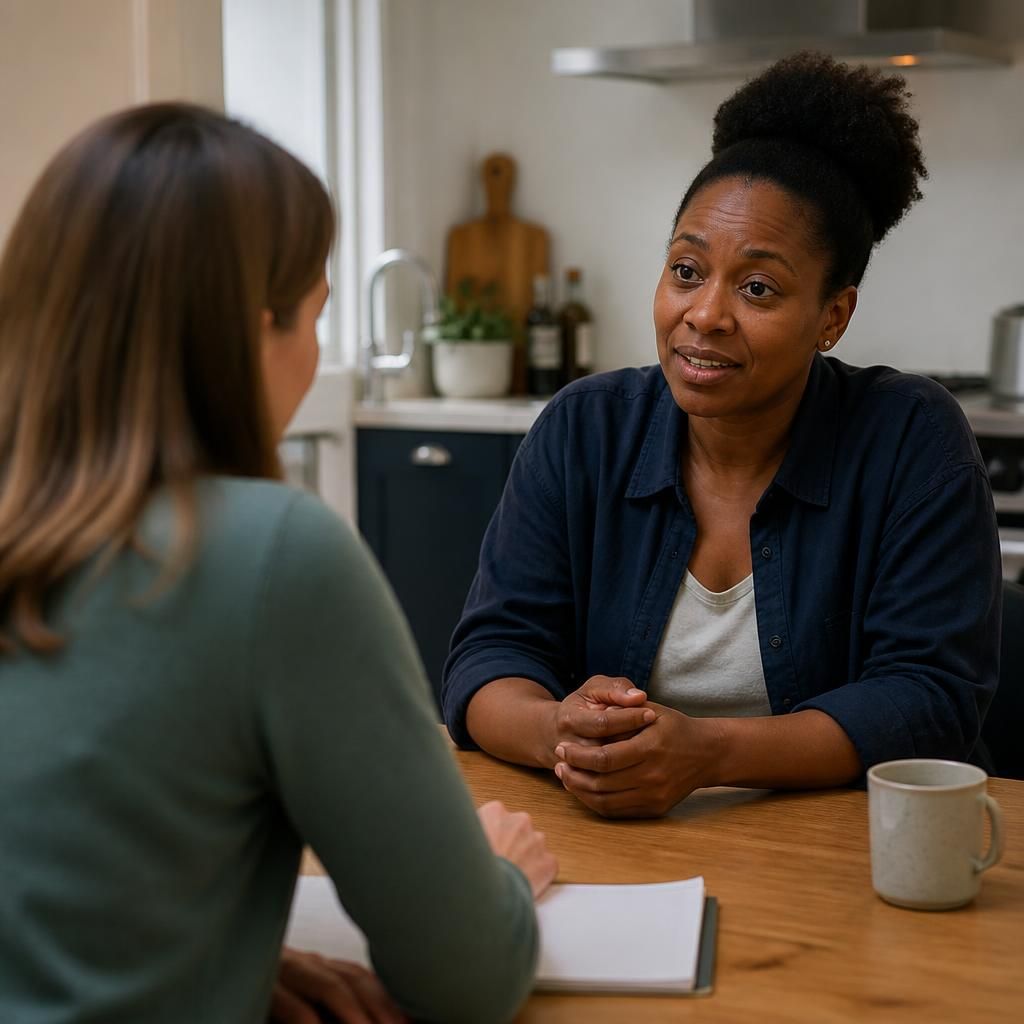 Foster carer talking with a prospective applicant at a kitchen table
