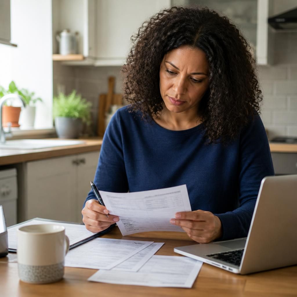 Foster carer reviewing household finances at a kitchen table