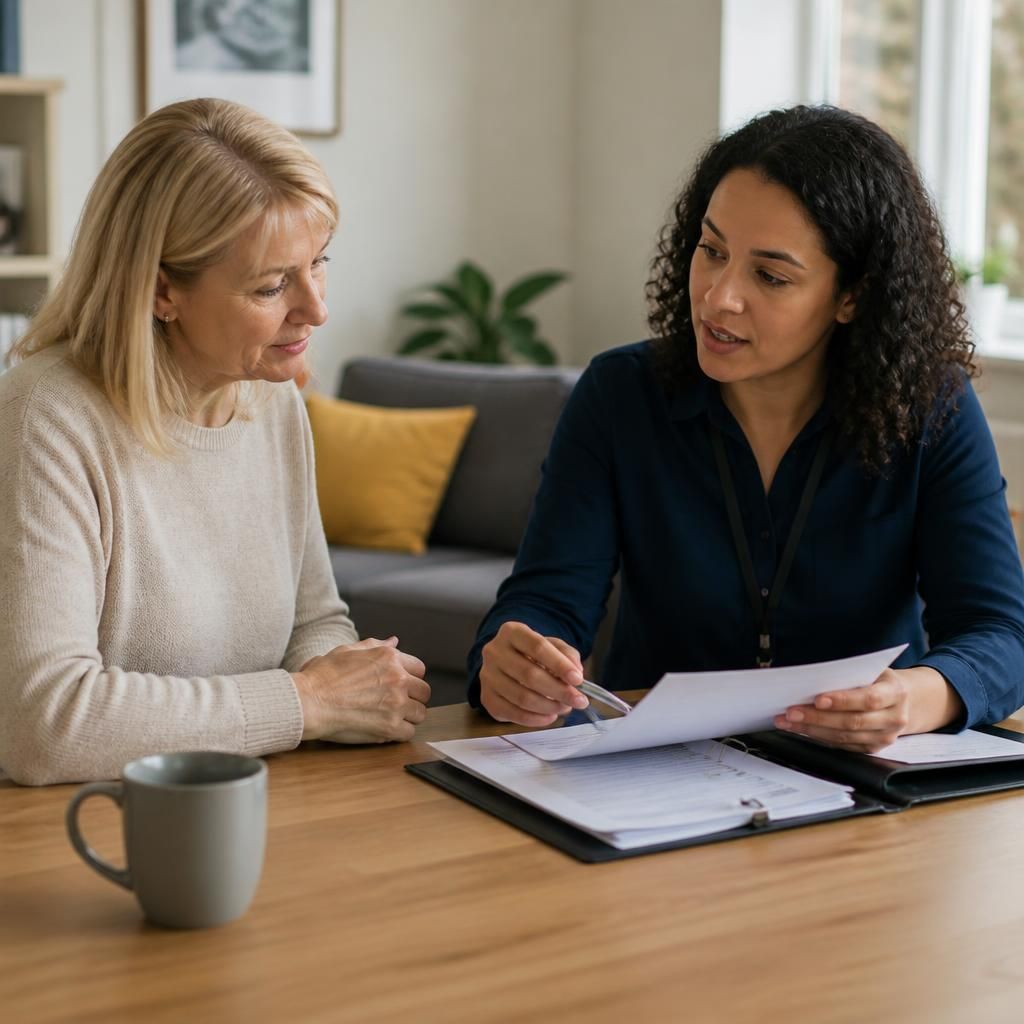 Foster carer discussing review paperwork with a supervising social worker