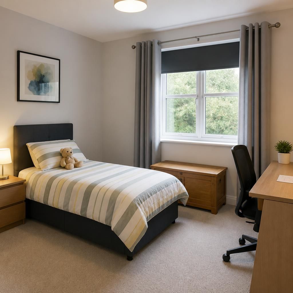 Neutral bedroom with a single bed, storage chest, desk and window coverings